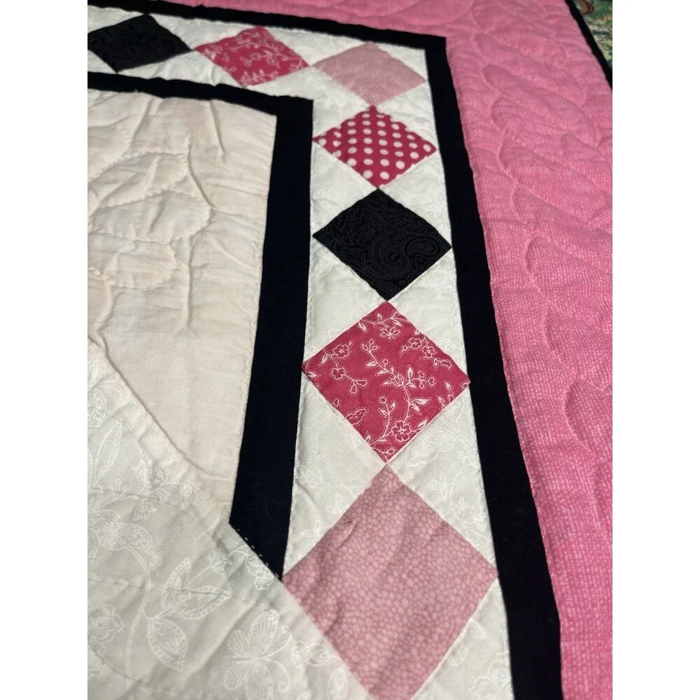 Hand Sewn Mariner’s Compass Black Pink White 45x45” Wall Hanging Lap Blanket